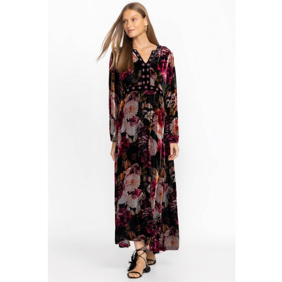 Johnny Was Rosa Velvet Front Notch Dress Floral Maxi Boho Silk Blend Size XL - Picture 1 of 16